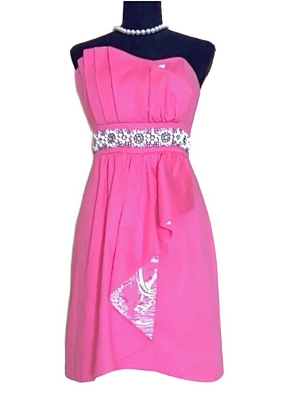 LILLY PULITZER ~ Pink Strapless Dress w/White Trim Beaded Design size 8